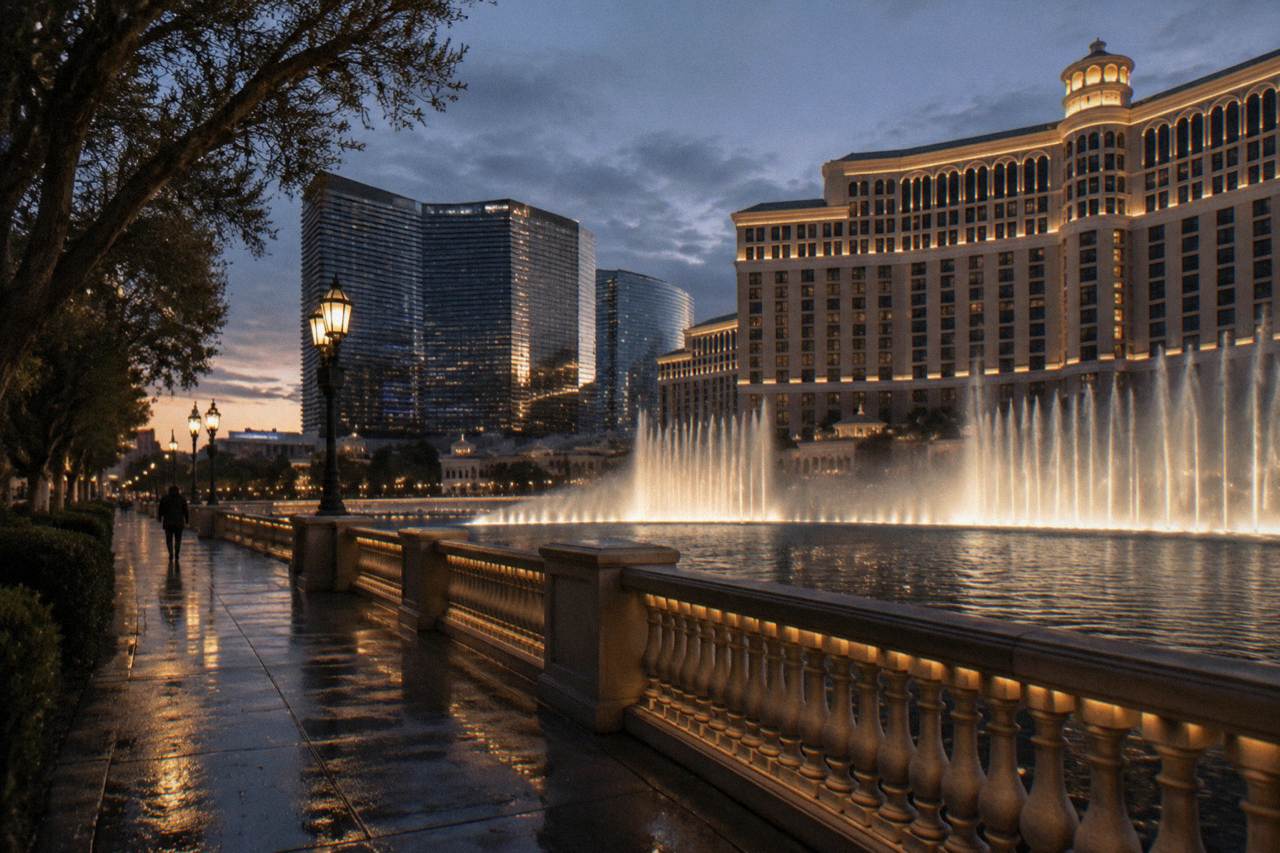 Empty Las Vegas Strip sidewalk at dusk in winter with resort towers lit against a darkening sky