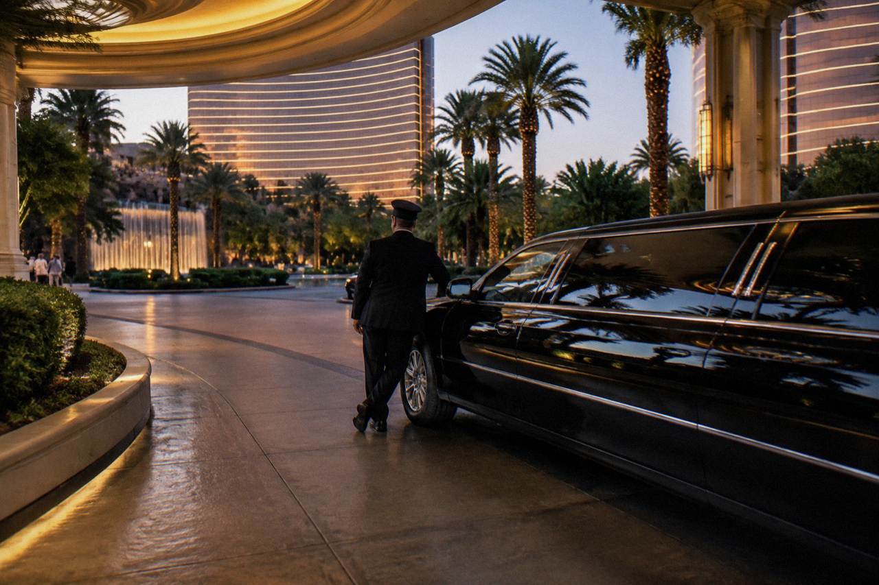 A black stretch limousine parked at a resort curb under evening lights