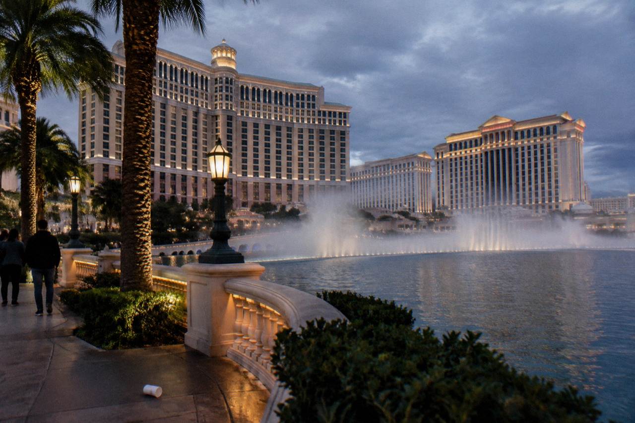 Las Vegas Strip resorts glowing after dark on a cool December evening