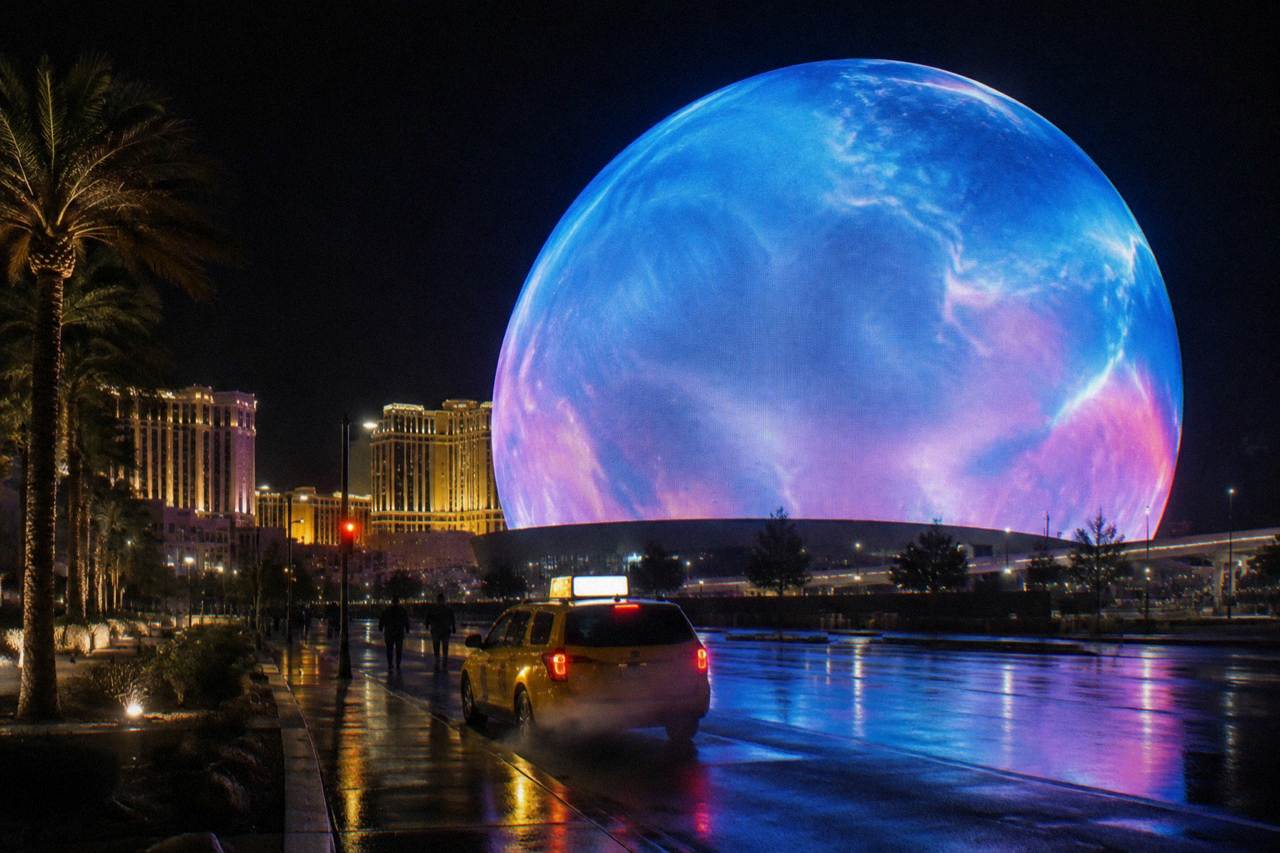The glowing spherical exterior of a Las Vegas arena venue against a dark desert sky at night