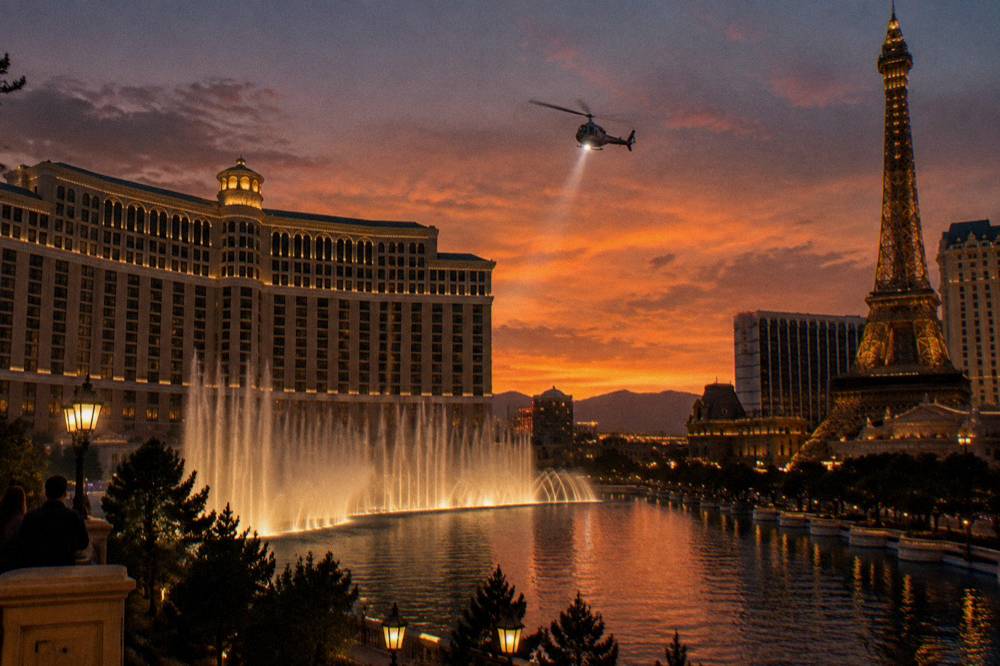 A helicopter hovering above the glowing Las Vegas Strip at dusk