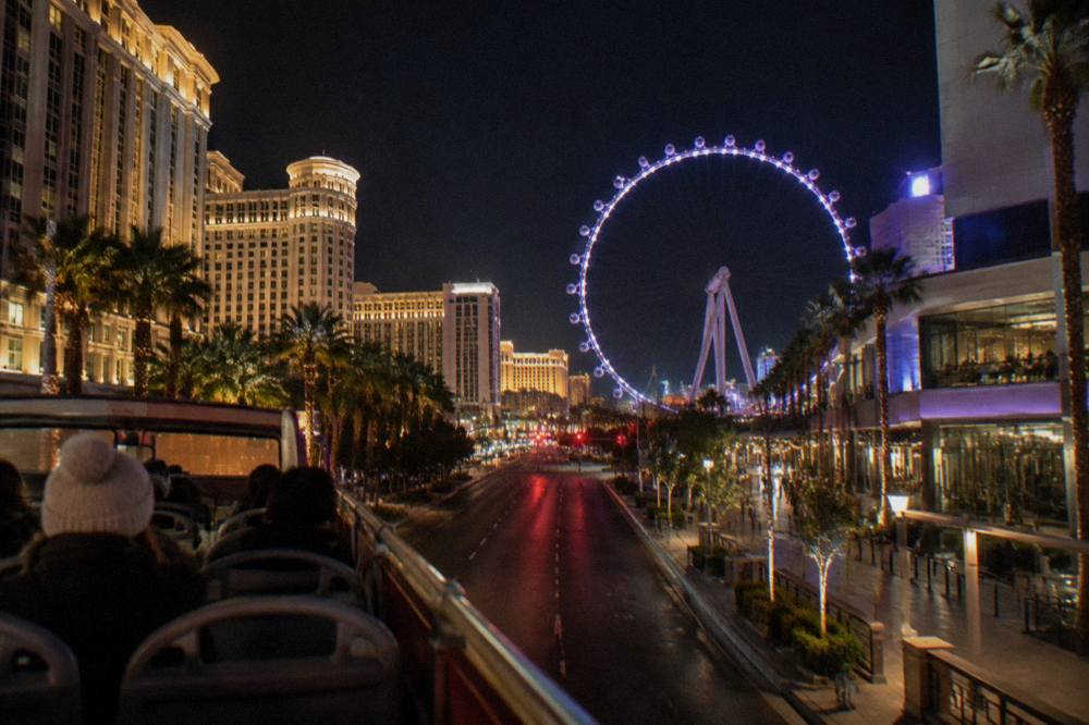 Las Vegas Strip resorts illuminated at night seen from an elevated viewpoint