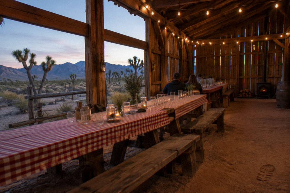 Wooden barn interior set for dinner with string lights and long tables