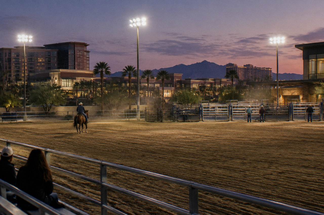 Rodeo arena lit for an evening performance with dirt floor and grandstands