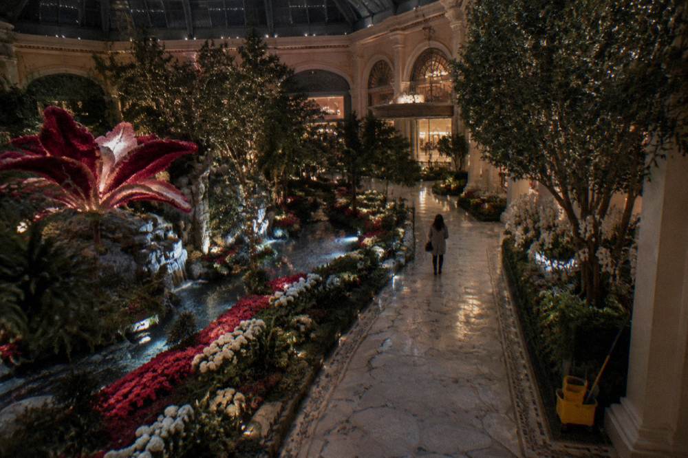 A wide glass atrium filled with seasonal flower beds and visitors walking stone paths