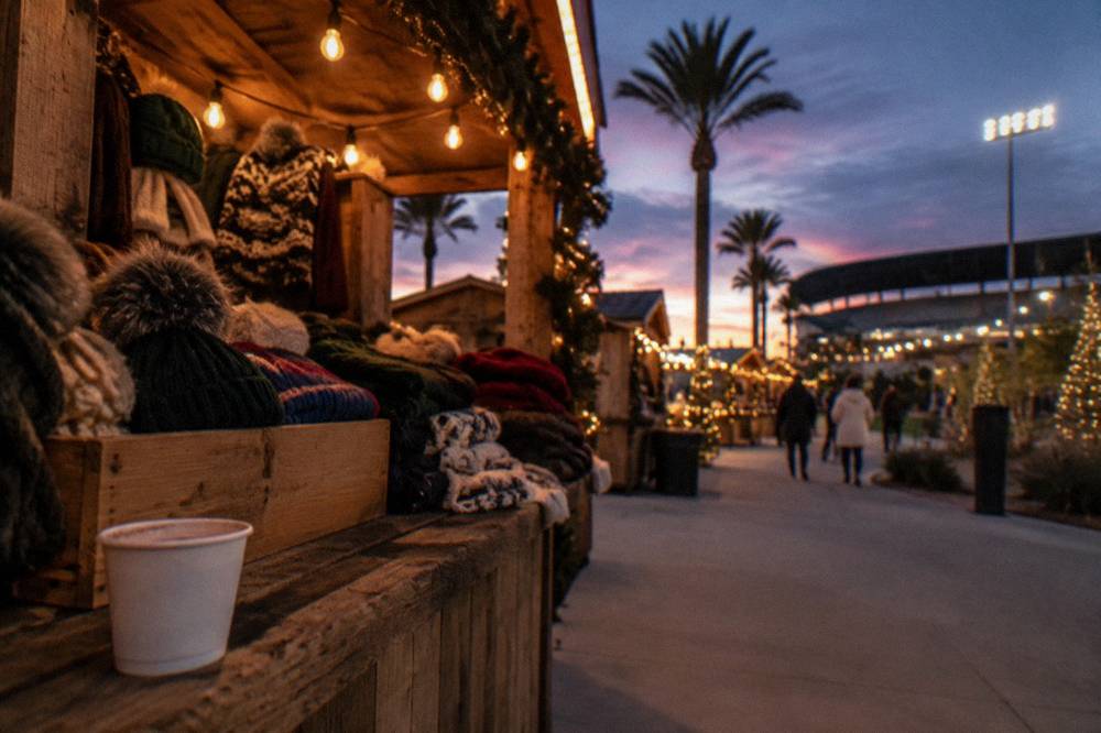 A decorated market village stall with warm string lights at a holiday event