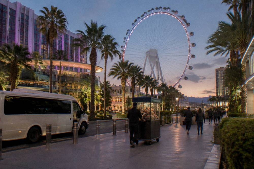 A guided tour vehicle parked near the LINQ promenade with the High Roller lit behind it