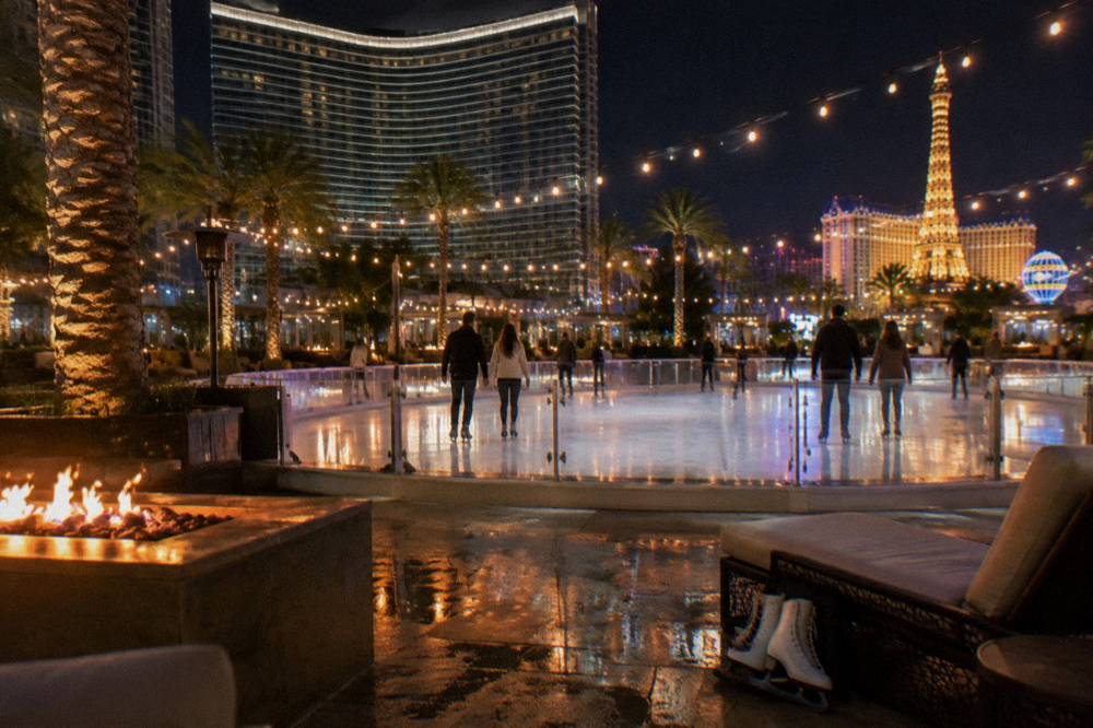 An outdoor ice rink glowing under string lights beside fire pits on a resort pool deck