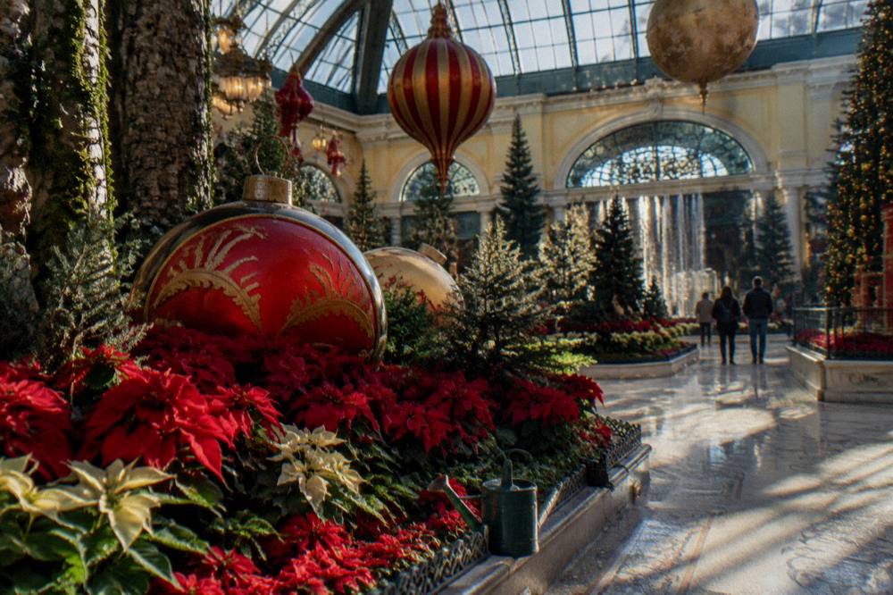 A glass atrium filled with oversized holiday ornaments and glowing warm lights
