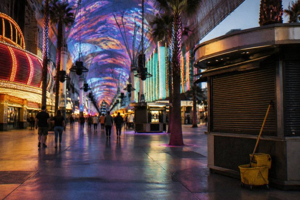 A glowing resort promenade with holiday lights and marquees in the early evening