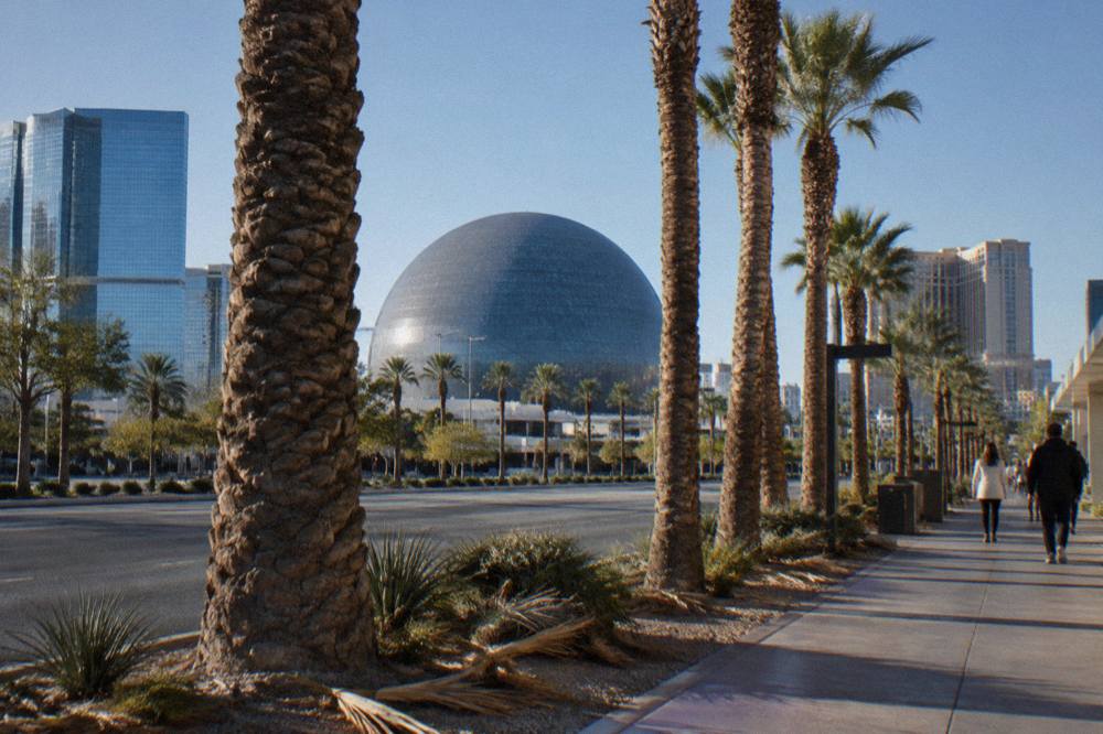 A palm-lined Las Vegas boulevard on a clear winter afternoon with resort towers in the distance
