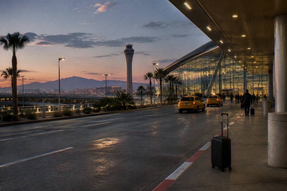 A Las Vegas airport terminal roadway at dusk with taxis waiting under warm lights