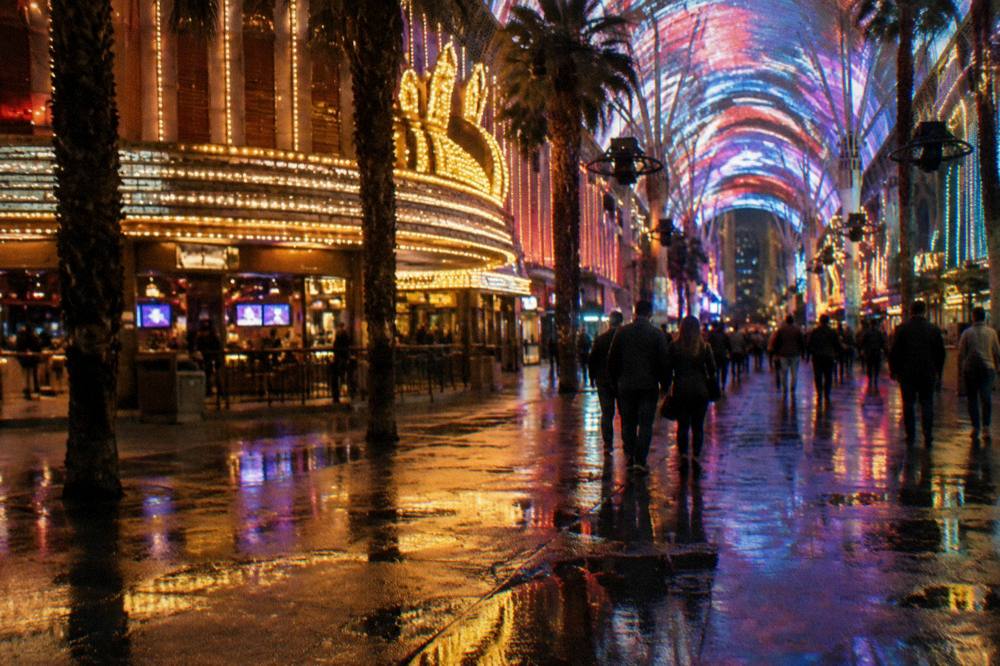 A Las Vegas street at night with strings of holiday lights and glowing casino marquees reflected on the pavement