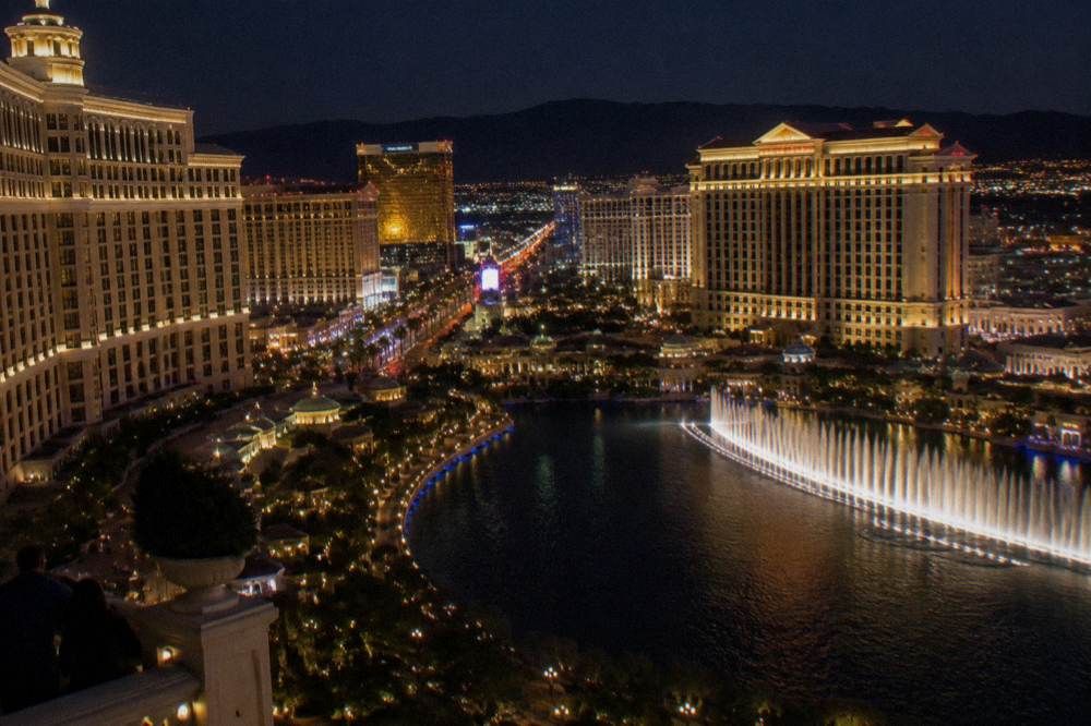 The illuminated Las Vegas Strip seen at night from an elevated viewpoint