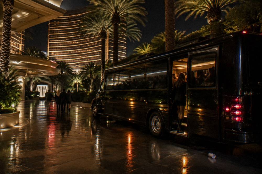 A party bus with interior lights glowing beside a resort entrance at night