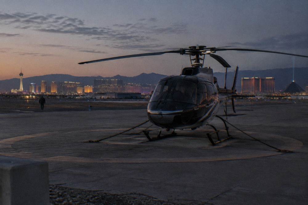 Helicopter on a floodlit heliport pad at dusk with city lights behind