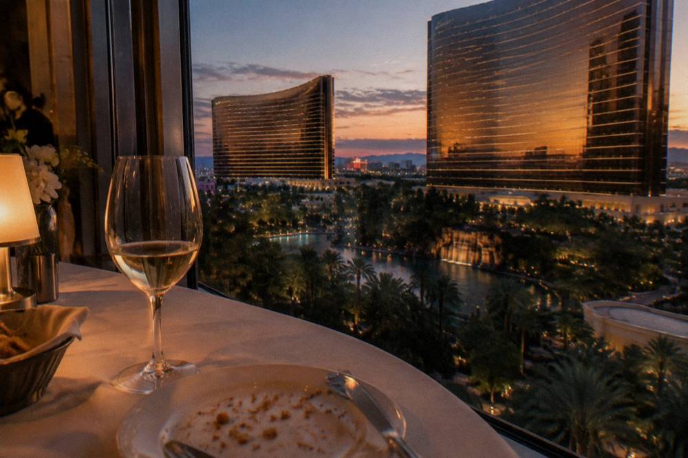 Dinner table beside a window with the Las Vegas skyline lit up at night