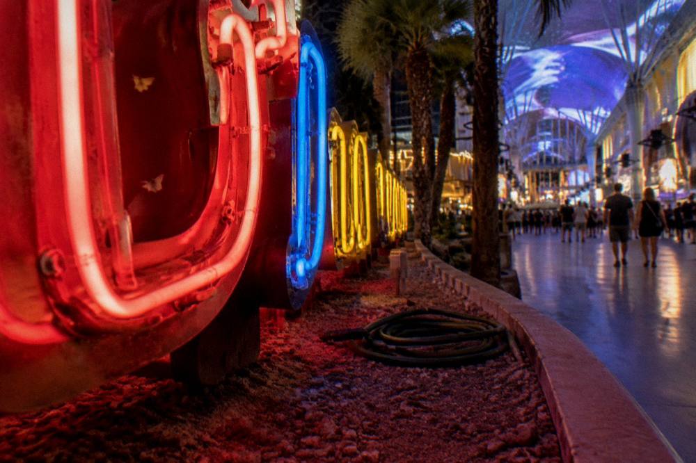 Restored vintage neon signs glowing at the Neon Museum at night