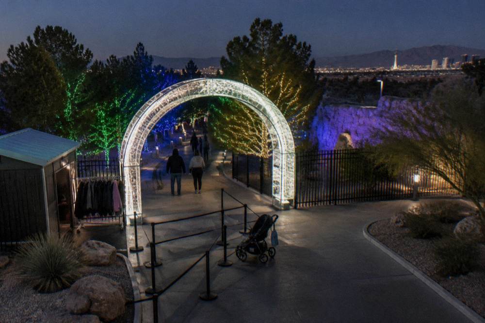 A glowing entrance archway and lit trees at a community holiday light park at night